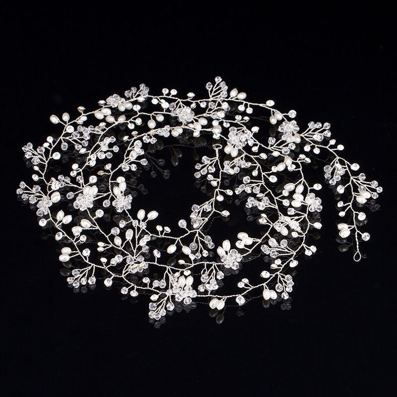 Wedding Crystal Pearl Headband Bridal Vine Hair Accessories Crown Headpiece Women Hair Belt Ornaments Handmade Headdress Jewelry