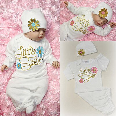 Vs Voorraad 2 Pcs Katoen Sleepcoat Bloem Zusje Baby Meisje Sleepcoatcoming Thuis Night-Gewaad Baby Gown Hoed kleding Set