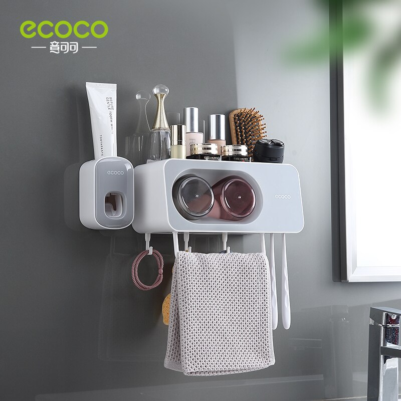 ECOCO Multifunctional Toothbrush Holder Towel Bar Free Punching Automatic Toothpaste Dispenser Squeezer Bathroom oom Accessories: 2 Cup Gray Squeezer