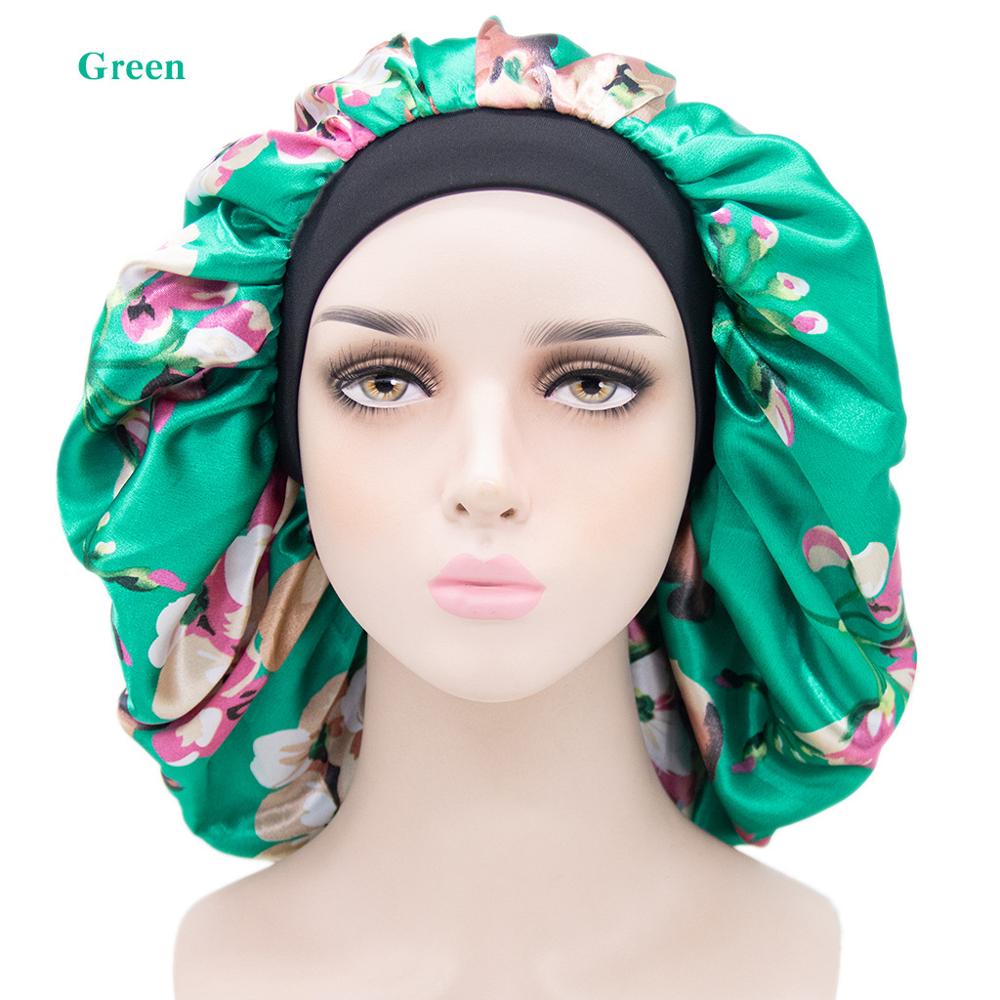Doppel Schichten Frauen Satin Bonnet Stretch Breite-Krempe Seidige Schlummertrunk Größere Größe Dusche Kappe TB-189/190: Green Flower