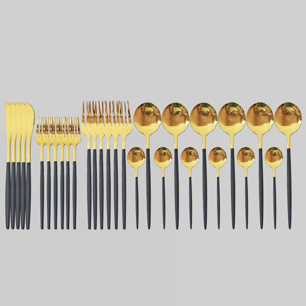 30 st svart guld servis set 18/10 rostfritt stål porslin bestick set enkel middag kniv gaffel sked cutler