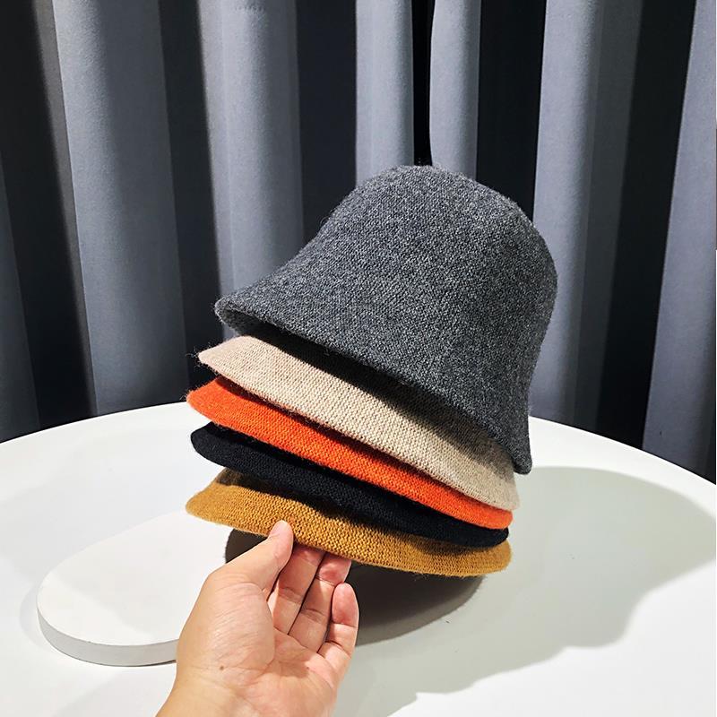 Bucket hats Autumn winter dome wool warm knitted Hat Women simple black woolen yarn basin cap Vintage weave casual hat
