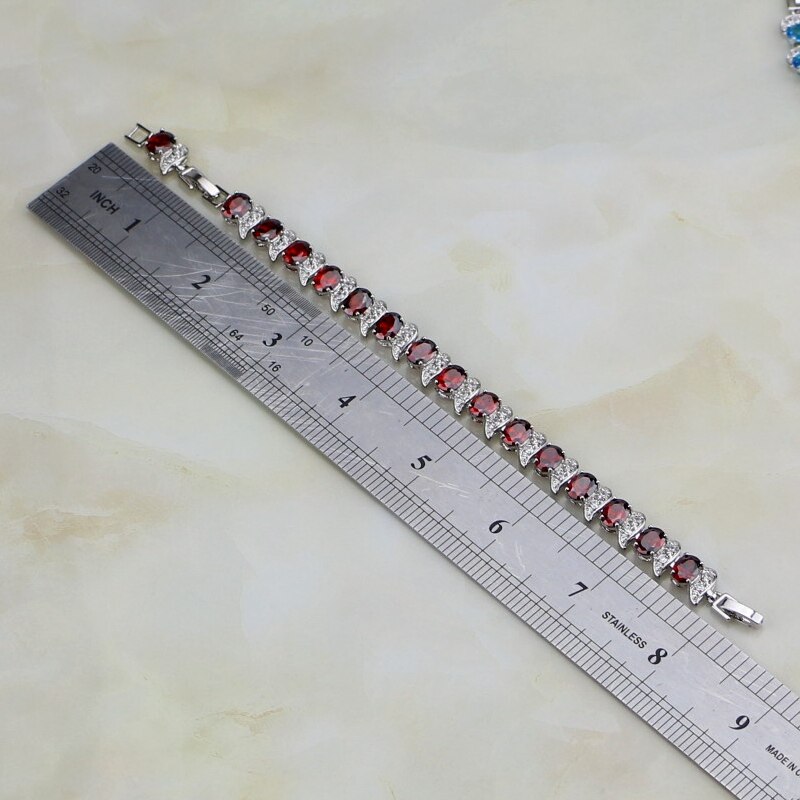 Klassieke Rode Granaat Wit Zirconia Charm 925 Sterling Zilveren Ketting Link Armband Voor Vrouwen Gratis Box
