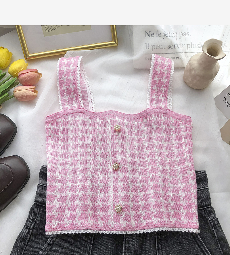 Oudea – débardeur à bretelles en pied-de-poule pour femme, haut court décontracté avec boutons en perles, Vintage, boîte Picto Edge, été: style 1 pink