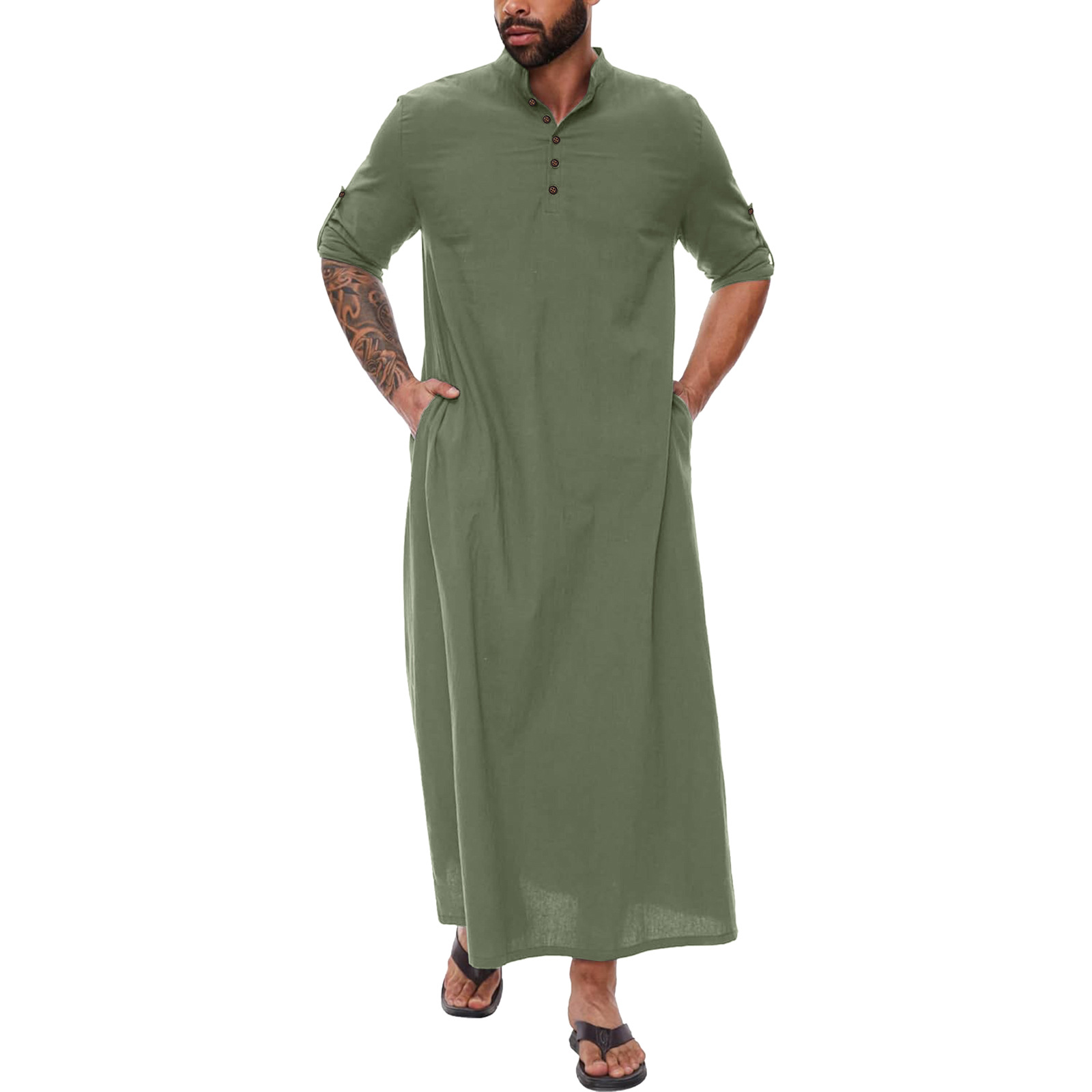 Arabisch Katoen Linnen Lange heren Abaya Moslim Zakken Jubba Thobe Islamitische Donderdag Effen Kleur Volwassen Gewaad Musulmans Homme S-XXXL