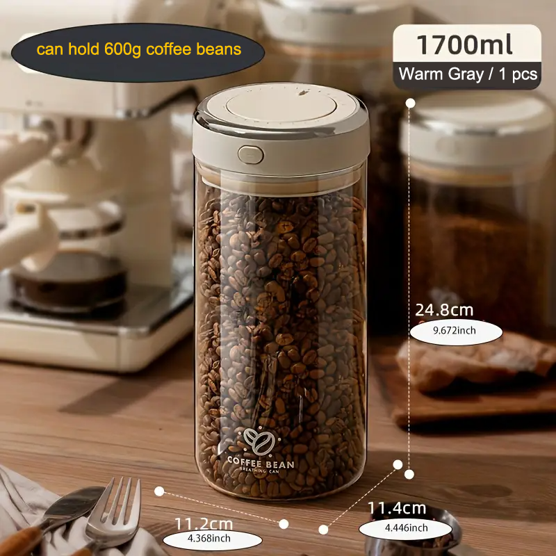 500/1100/1700 Kaffeebohnen, vakuumversiegelter Panzer, Glas-Lebensmittelaufbewahrungsdosen mit CO2-Ventil, feuchtigkeitsbeständiger, luftdichter Haushaltsbehälter: verrotten