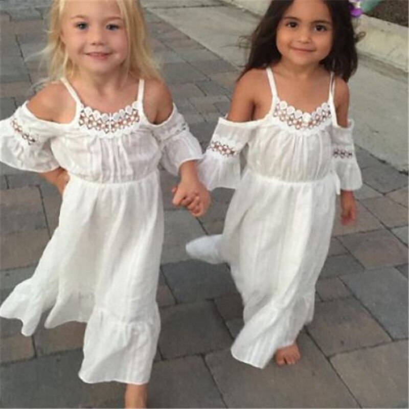 Toddler børn baby pige sommer kjole off skulder hvid blonde kjole prinsesse piger flare ærme kjole børn pige tøj 2-7y
