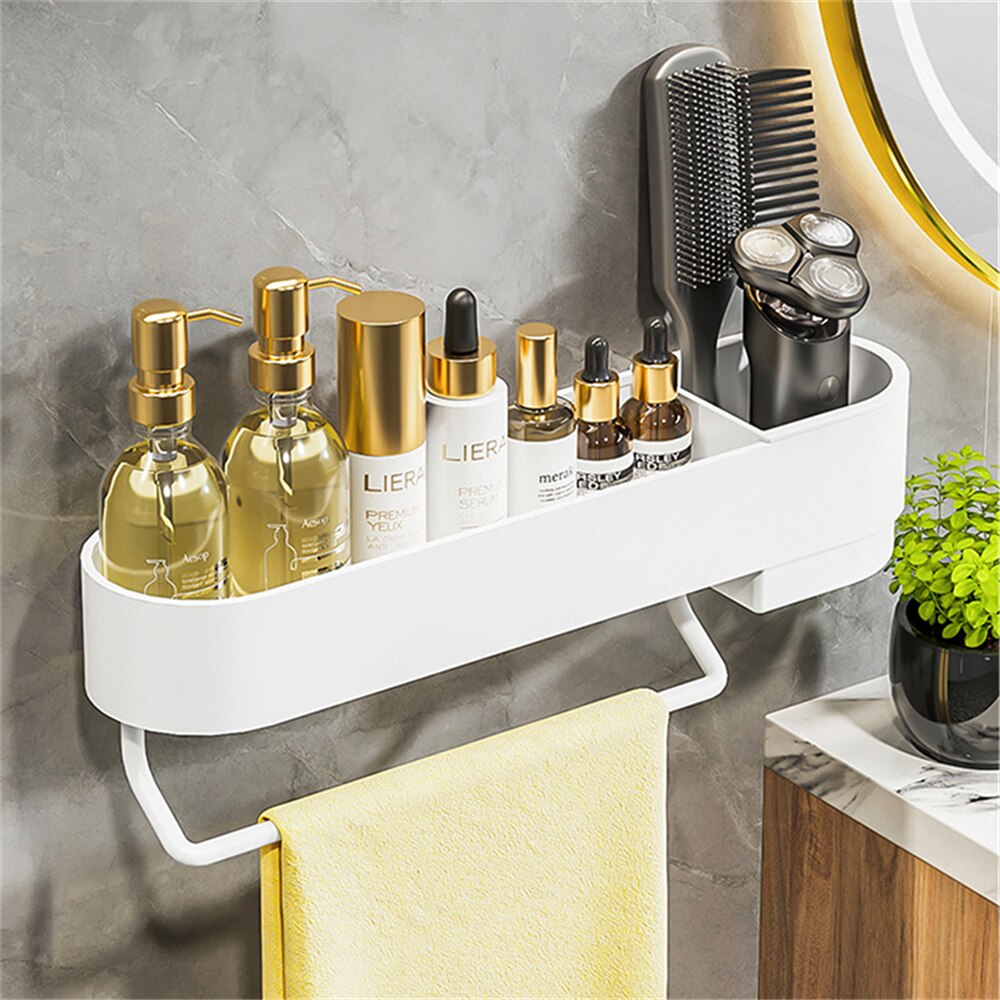 Étagère d'angle de salle de bain, sans perçage, pour cosmétiques, shampoing, douche, support de rangement, organisateur de toilette, accessoires de salle de bain: White B with Rod
