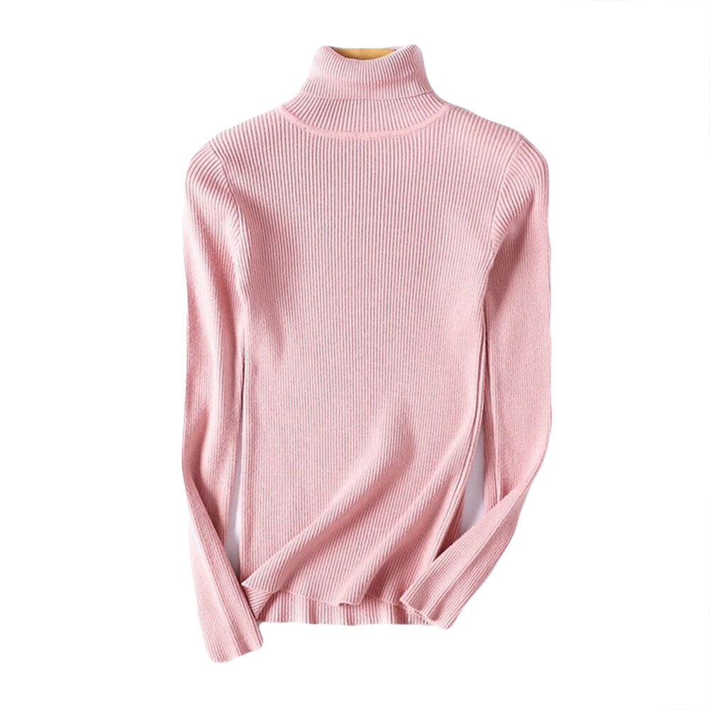 Dam tröjor vinter höst tröja med turtle neck elastisk smal stickad pullover bottentröja dam pullovers tröjor: Rosa
