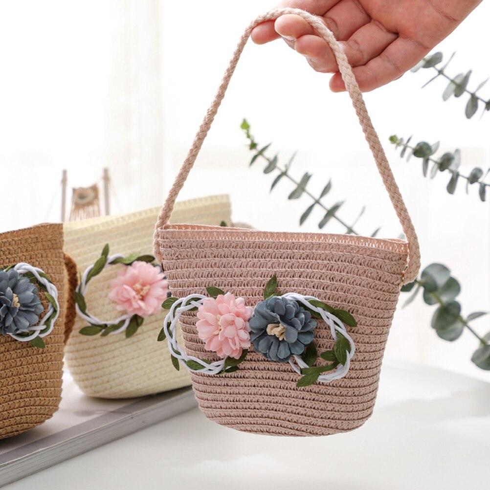 Borsa di Paglia del capretto per Le Ragazze Dei Ragazzi Carino Fiore Crossbody Borsa per I Bambini Capretti di proprietà Della Borsa Della Moneta Sacchetto Della Spiaggia Della Paglia Borse