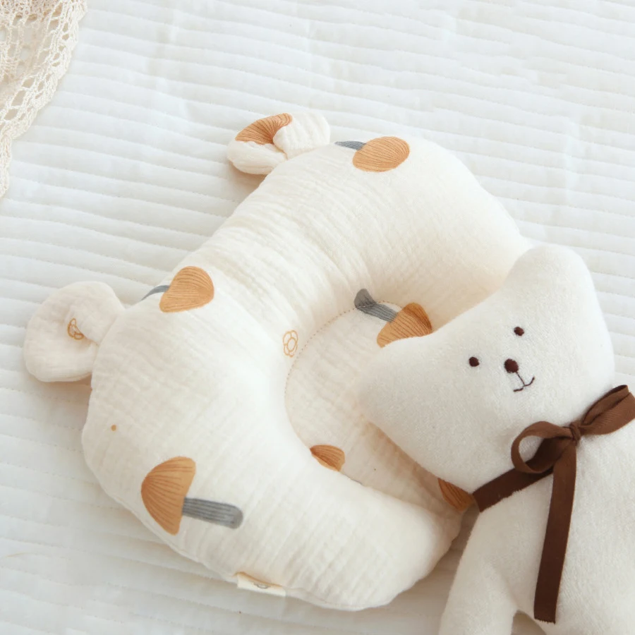 Babykissen, Cartoon-Druck, niedliche kleine Ohrdekoration, weiche, atmungsaktive U-förmige Kissen für Kleinkinder von 1–3 Jahren, 20 x 25 cm