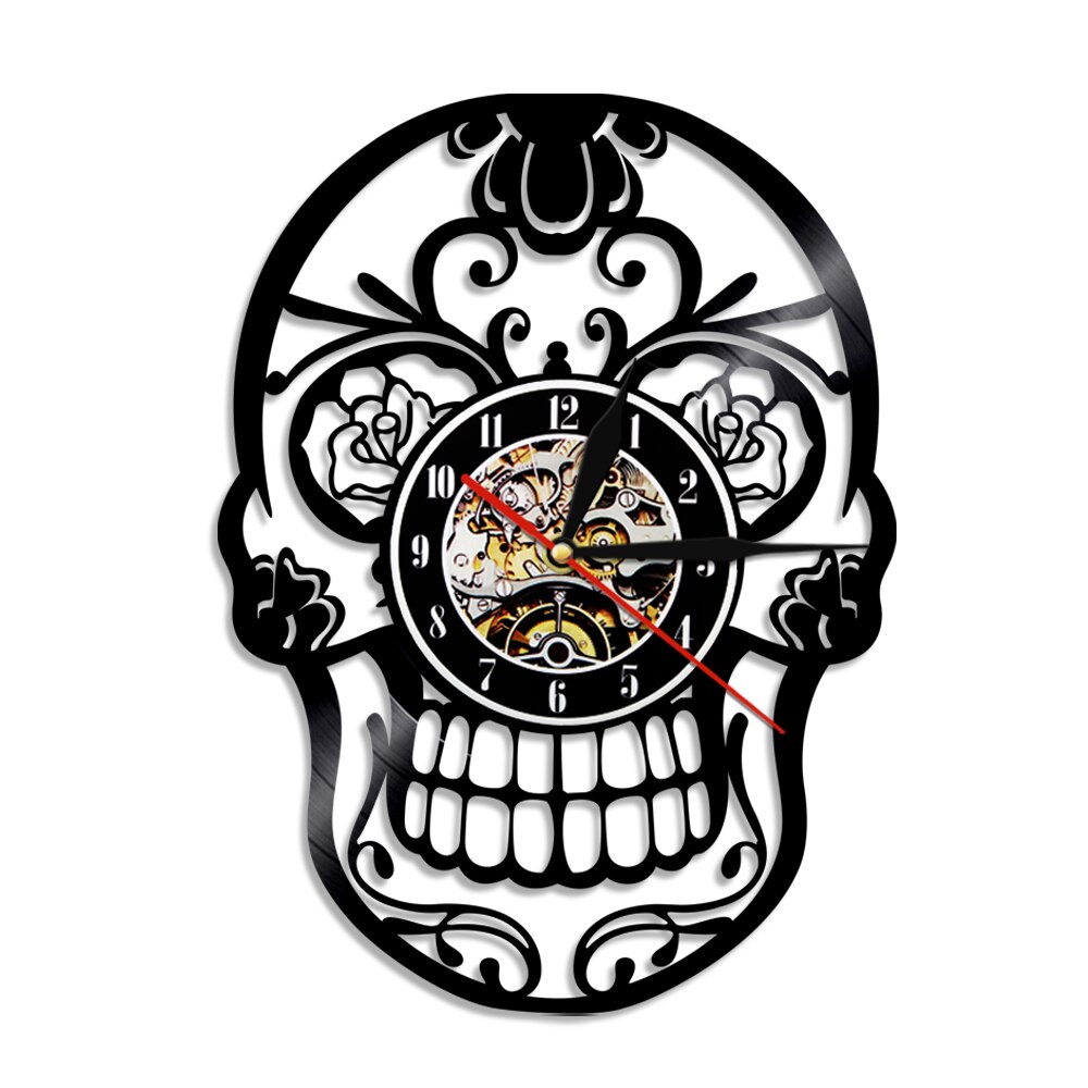 De Dag Van Dode Dia De Los Muerte Mexicaanse Schedel Vinyl Record Wandklok Met Led Verlichting Gothic Schedel horloge Home Decor