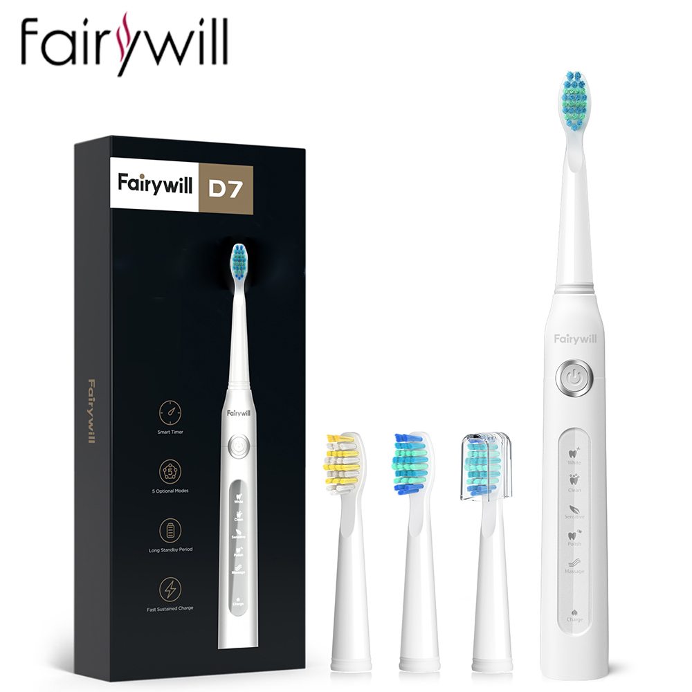 Fairywill-cepillo de dientes eléctrico sónico para adultos, recargable por USB, FW-507, resistente al agua, cabezales de repuesto: Marfíl