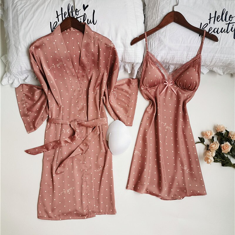 Mechcitiz undertøj damekåbe og kjolesæt luksus kvindelig sexet natkjole badekåber pyjamas lingeri hjemmetøj badekåbe: Orange / M