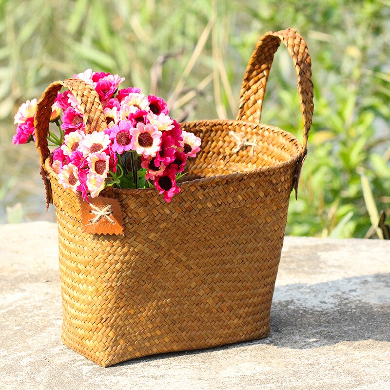 Naturlig rund halmkorg handgjord med handtag orange 33 x 21 x 26cm