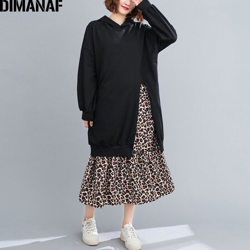 Dimanaf plus size dame kjole print leopard efterår bomuld hætte dame vestidos kvinde tøj afslappet løs langærmet kjole: Hany 5027- hej / Xl
