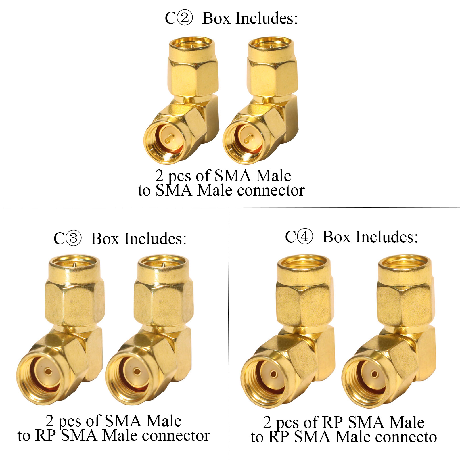 Kit de conector SMA, convertidor de codo SMA, adaptador Coaxial de 90 grados, antena de ángulo recto macho a macho, 3 tipos/lote, 2 unidades por lote