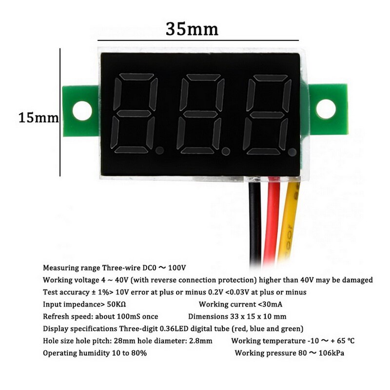 Mini Three-wire 0-100V DC Digital Voltmeter, Voltmeter With Reverse Polarity Protection, Circuit Measurement Voltmeter