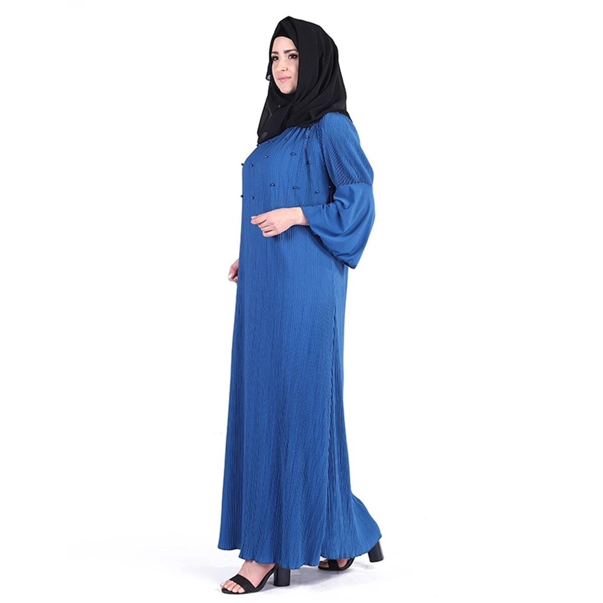 Blauw Zwart Kaki Maroon 142cm Lange Abaya Gebreide Elastische Materiaal Moslim Jurk: Blauw / XL