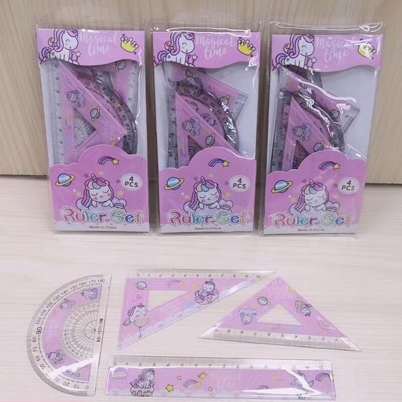 Ensemble de règles droites en forme de Triangle en plastique, avec licorne, animal mignon, rapporteur, géométrie des maths, papeterie pour enfants, 4 pièces/ensemble