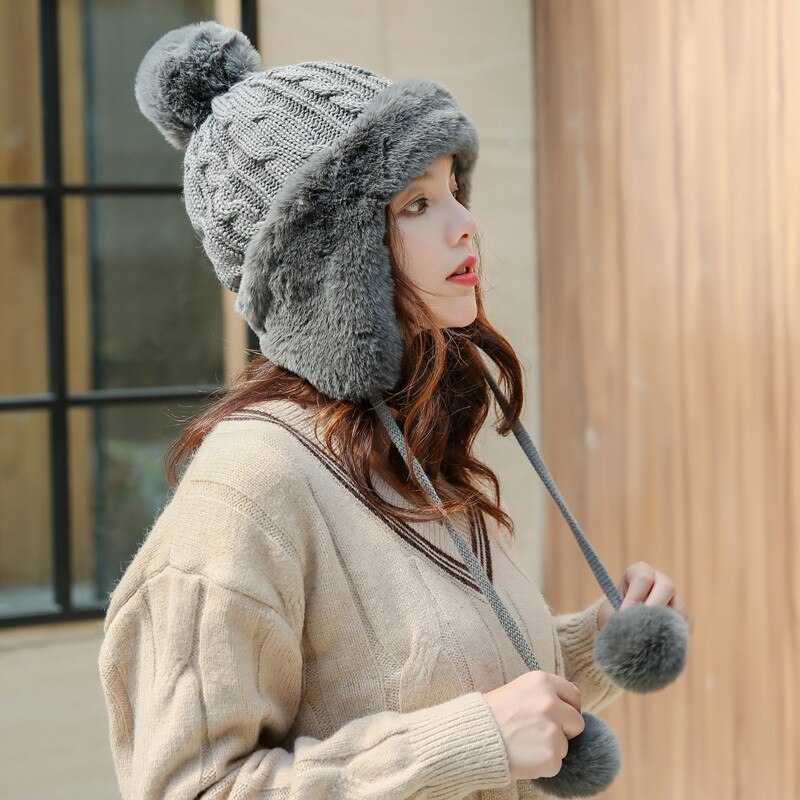 Gorro de lana con orejeras para mujer, pompón de piel de conejo, grueso, cálido, tejido frío, informal, Invierno