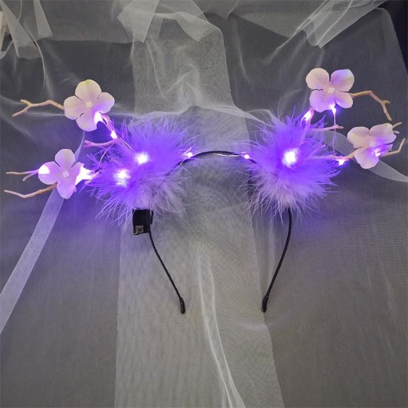 Bandeau en bois lumineux, serre-tête de noël, oreilles de chat, élan, baies, accessoires pour cheveux, scénique, spectacle Photo,: Purple Light