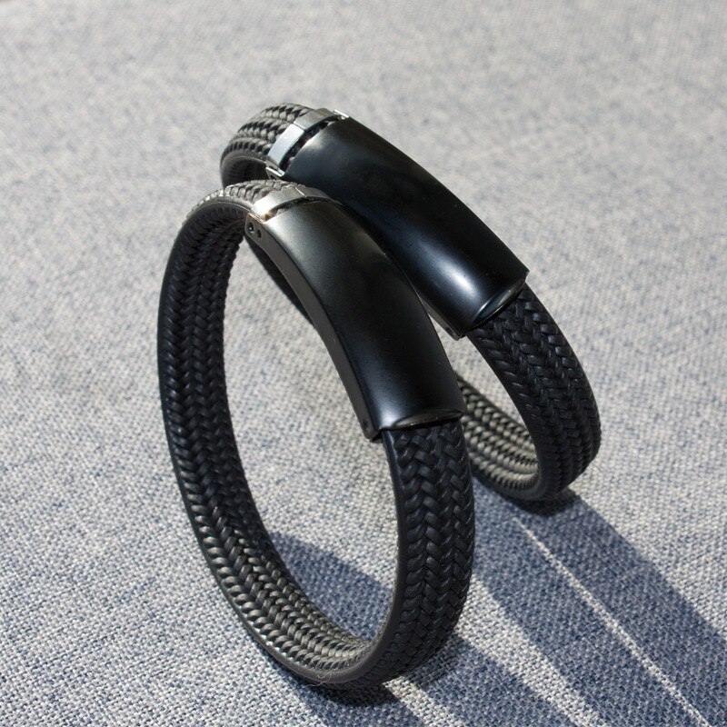 Klassieke Stijl Mannen Siliconen Armband Zwart/Zilver Kleur Rvs Knop Neutrale Accessoires Hand Geweven Sieraden