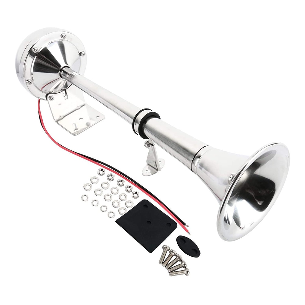 Trumpet Air Horn Compressor Kit 12V Marine Boat Stainless Steel Low Tone Single Trumpet Horn Mounting Hardware
