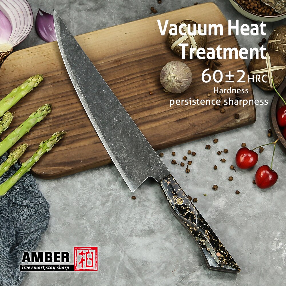AMBER Kitchen Knife 10Cr18Mov 3 Layers Cladding Steel Chef Knife Gold-Foil Resin Handle Chinese Cleaver Knives Cooking
