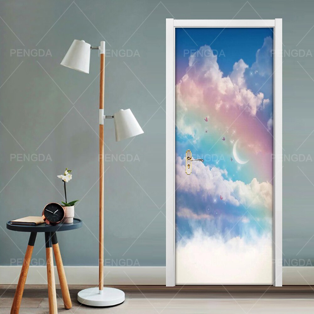 DIY Door Sticker Self Adhesive Paper for Living Room Rainbow Cloud Decal Home Decor Scenery PVC Waterproof 3D Print Sticker Art: Door YXCV2551-04 / 77x200cm