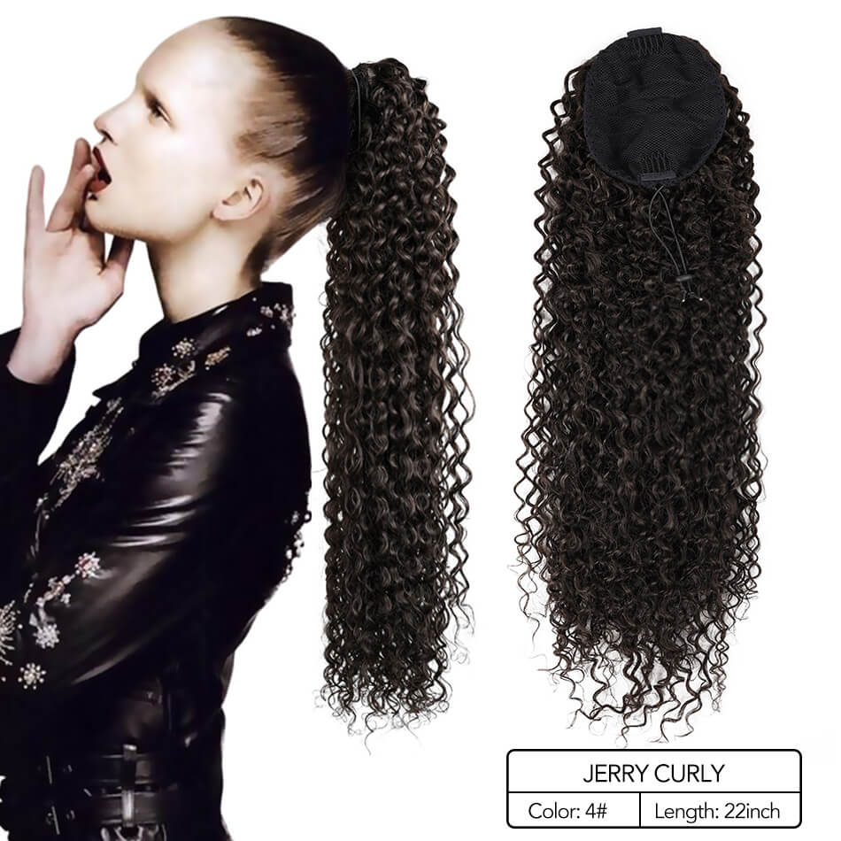 Beauty On Line Jerry Curly Clip in Ponytail Extension 22 Inches Synthetic Drawstring Curly Hair Piece Black Brown Ombre Color: Brown