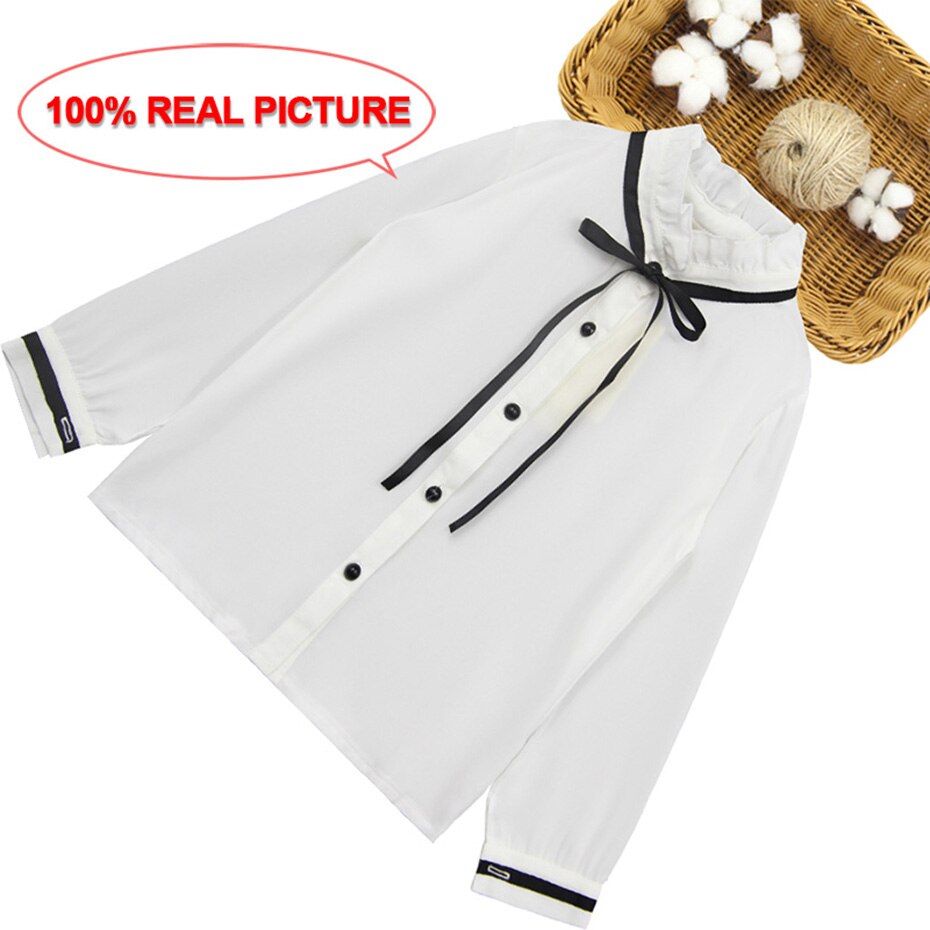 Chemisier blanc en Patchwork pour filles, chemise pour enfants, à volants, avec nœud, vêtements d'école pour filles 6 8 10 12 14: 10