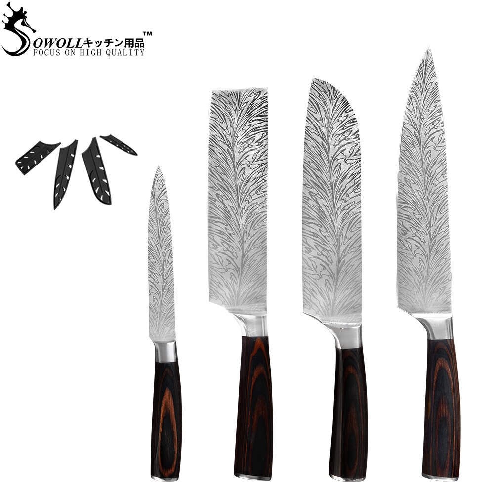 Sowoll couteaux porte-couteau mural magnétique | Ensemble de couteaux de Chef de cuisine, lame tranchante en acier inoxydable, porte-couteau damas veines lame tranchante: G.4PCS SET
