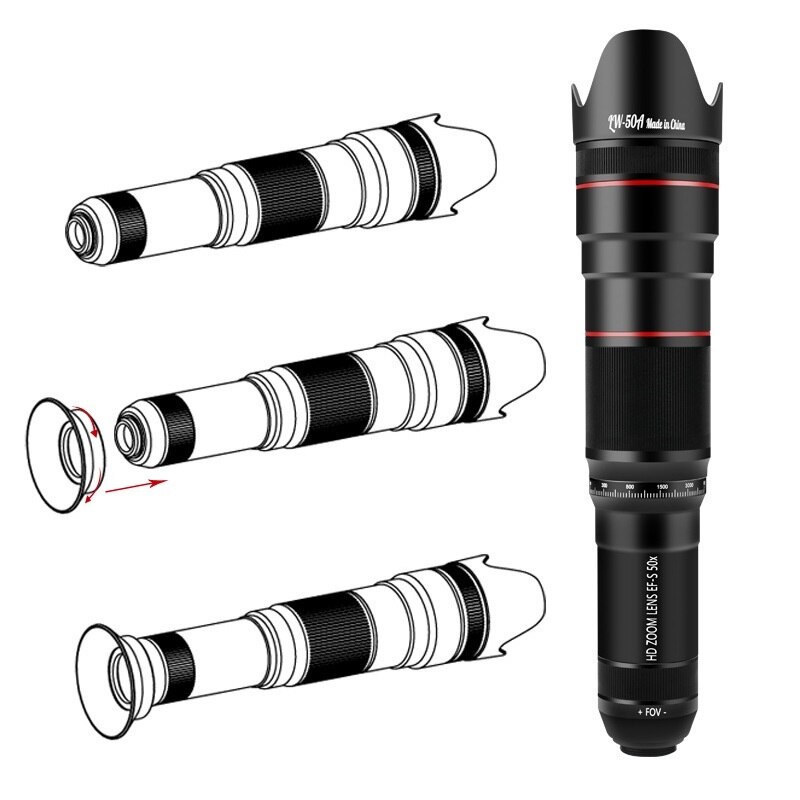 HD 50X Phone Lens Camera Telephoto Zoom Monocular Telescope Lens SelfieTripod For All Smartphones Adjustable Cell Phone Lenses