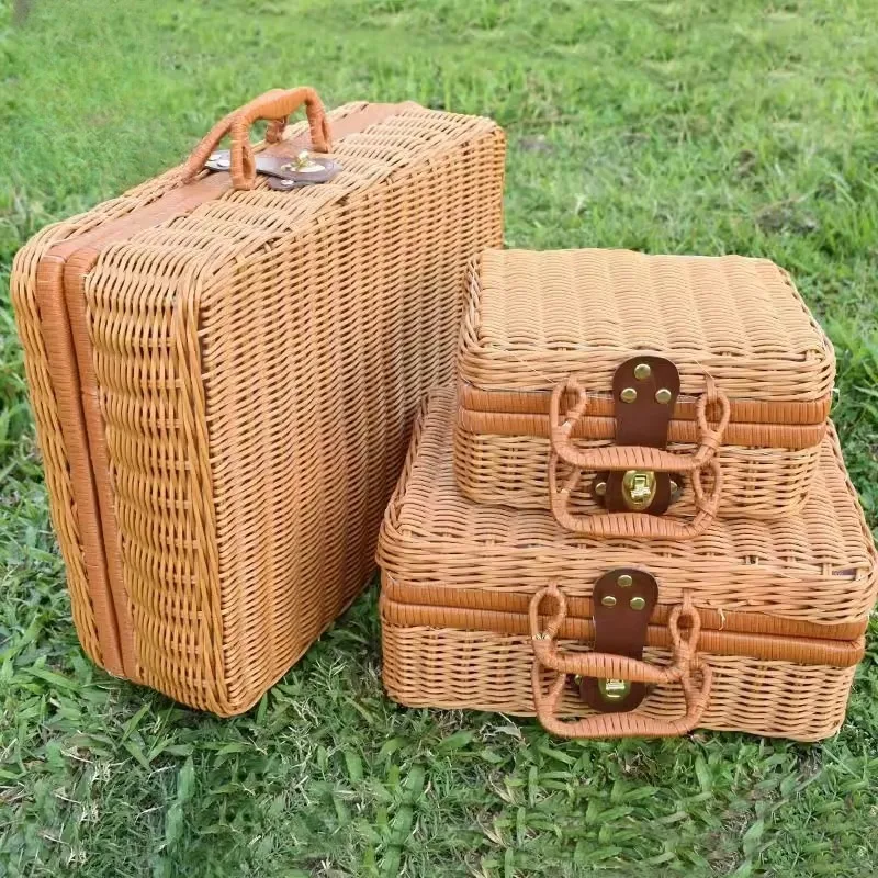 retro Rattan Koffer handgemachte Weide Picknick Lagerung Korb Reise Camping Lebensmittel Snack Gepäck Container Stroh gewebt Koffer
