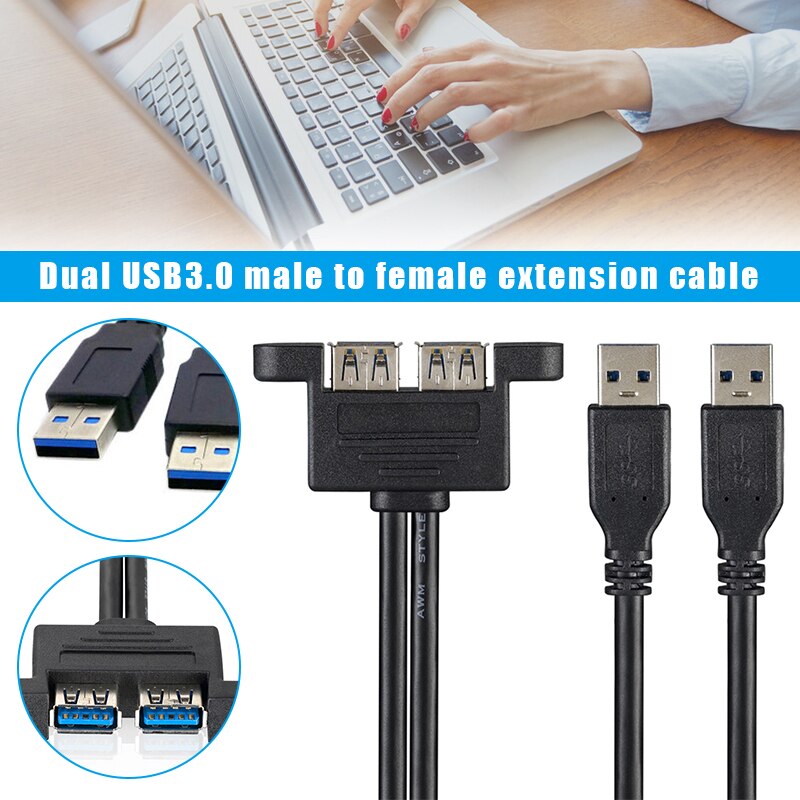 Dual USB 3.0 Male to Female Extension Cable with Screw Mount Hole for Home Office SP99