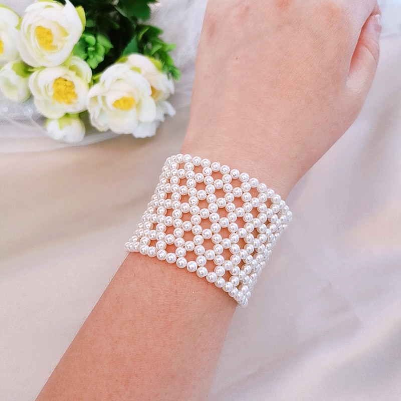 Romantische Charme Armband Handgemaakte Breien Wit Imitatie Pearl Bangle Armband Multilayer Armband Vrouwelijke Bruids Sieraden