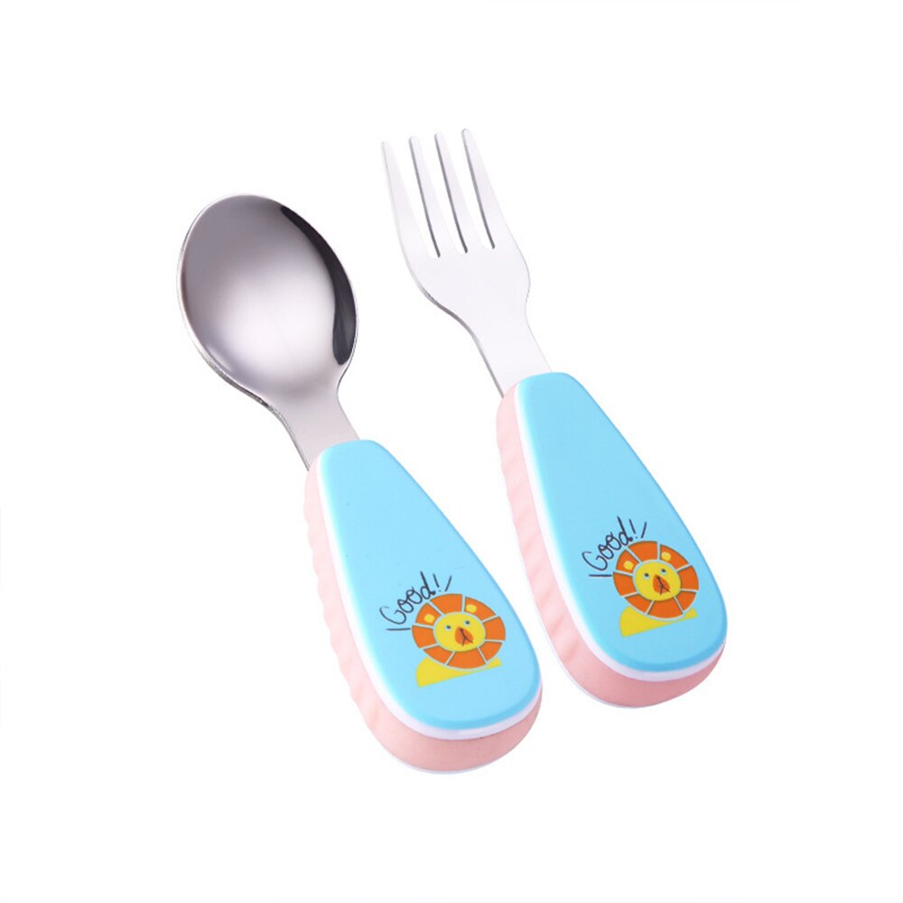 baby Feeding Spoon Fork Set Stainless Steel Toddler Infant Tableware Flatware Kids Cutlery with -Dust Box: A blue