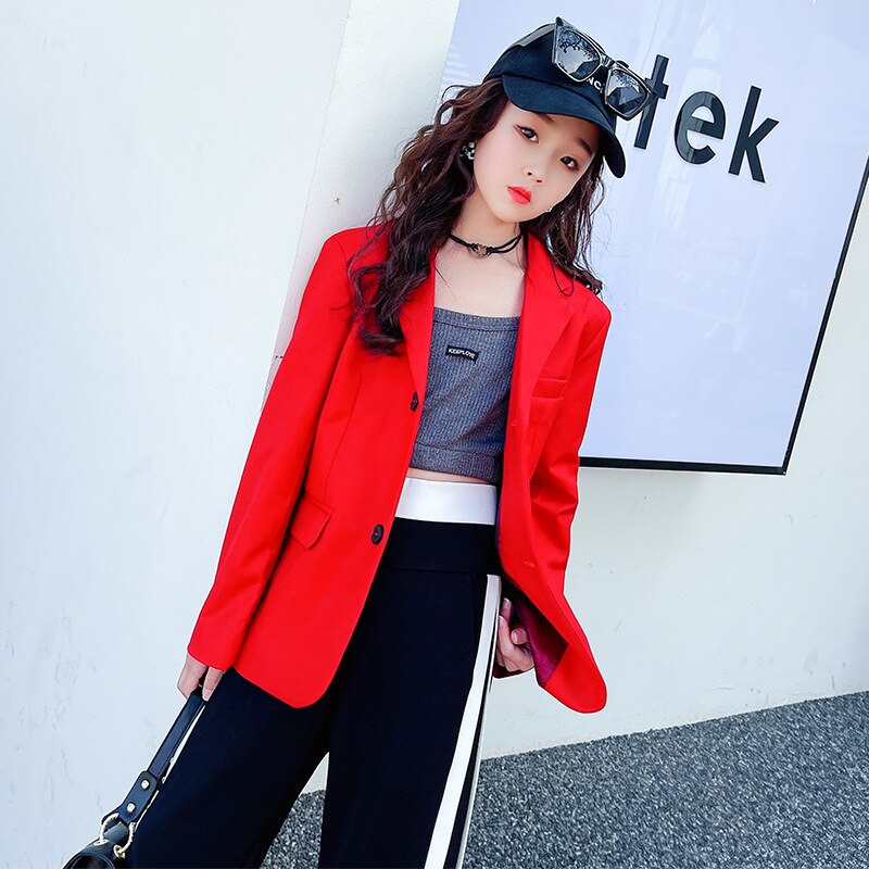 Teenage Girls Red Blazers Spring Autumn Long Sleeve Jacket for Children Loose Casual Streetwear Cool Girls Kids Outwear