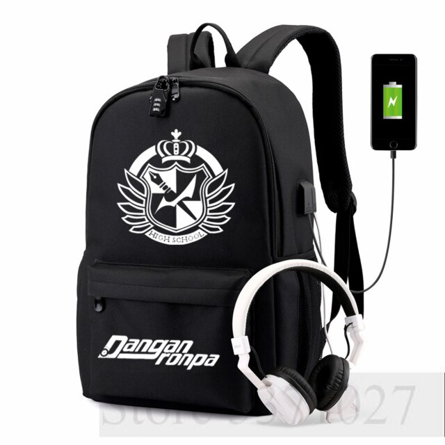 Danganronpa-mochila Ouma Kokichi con carga USB para adolescentes, morral escolar de , bolso de viaje para hombres y mujeres, mochila para ordenador portátil para estudiantes: D