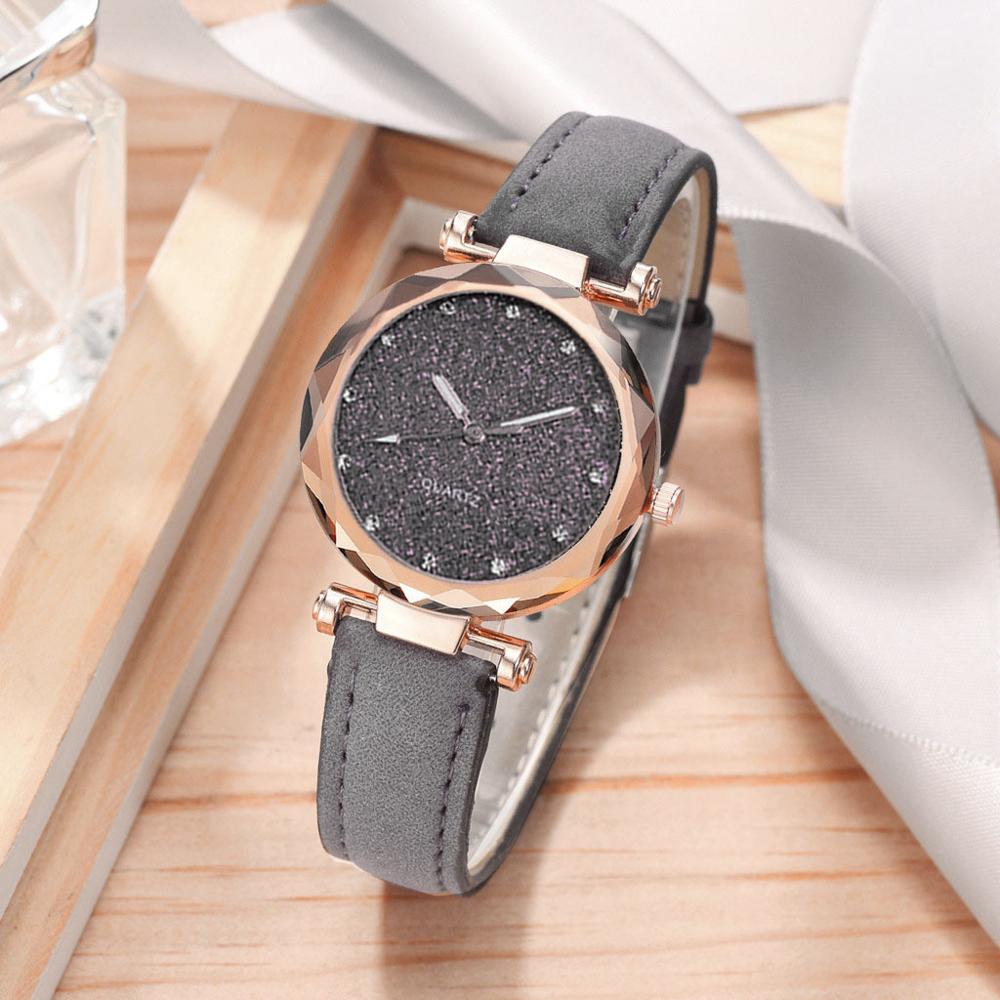 Dameur rhinestone romantisk stjernehimmel armbåndsur dame læderur ur til kvinder relogio feminino montre femme: Grå