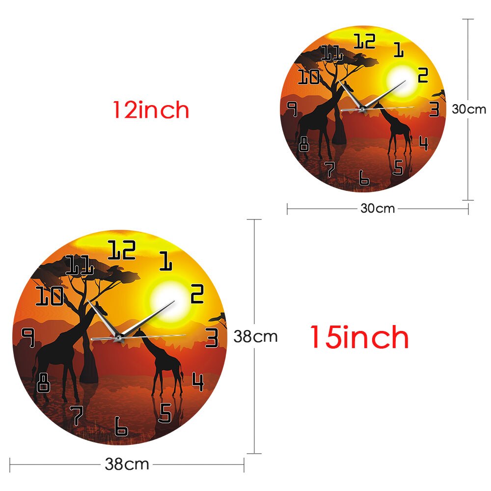 Serengeti African Sunset Savannah Safari Printed Hanging Timepiece Wildlife Giraffe Watch No Ticking Slient Wall Clock