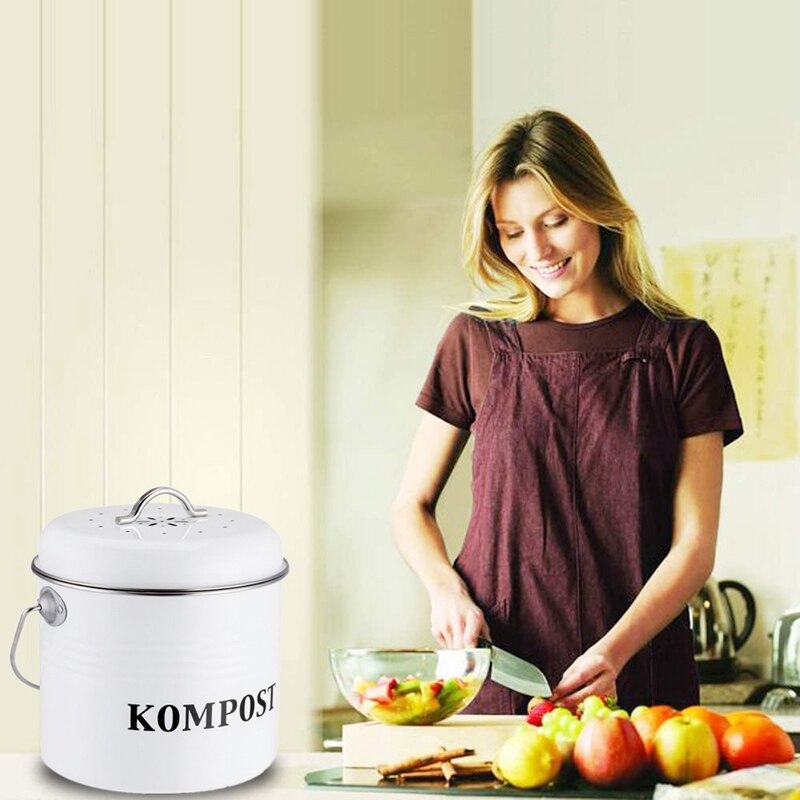 Compost Bin For Kitchen Counter 1.5 Gallon Powder-Coated Iron Kitchen Pail With Lid, Trash Can Bucket, Recycling Caddy