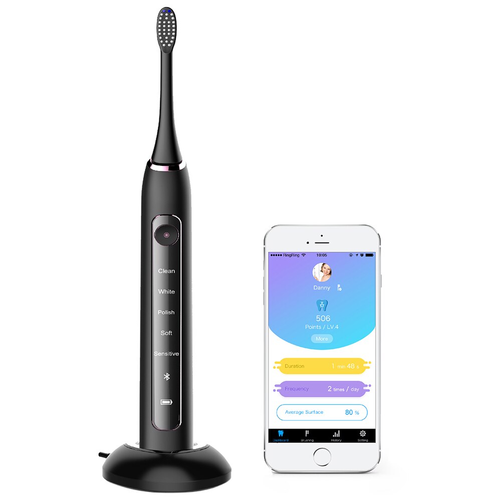 Cepillo de dientes eléctrico sónico Bluetooth inteligente con zonas de cepillado de seguimiento inteligente de la aplicación: Black