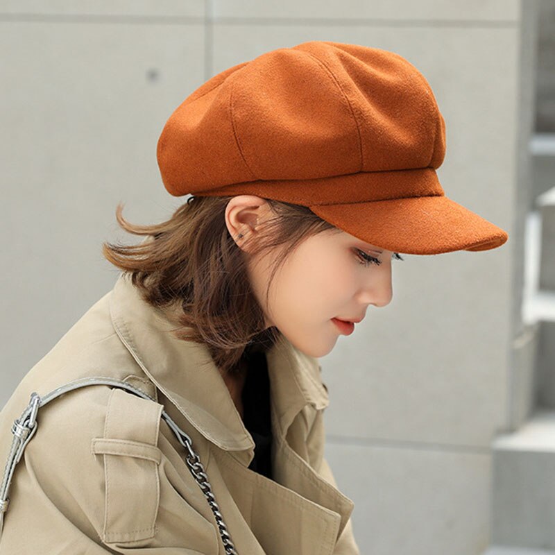 Efterår og vinter ren uld ottekantet hat pige newboy kasket fritid hat: Brun