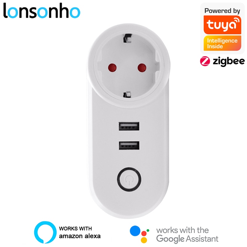 Lonsonho Zigbee 3.0 Smart Plug Dual USB Smart Socket EU US UK Outlet 16A Compatible ZHA Zigbee2MQTT Tasmota deCONZ