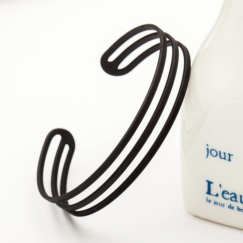 Simple 3 Layers Stainless Steel Bracelet Cuff Open Bangle Smooth Handcuff Punk Bangle Gold Color Stackable Bracelet: Black 5626