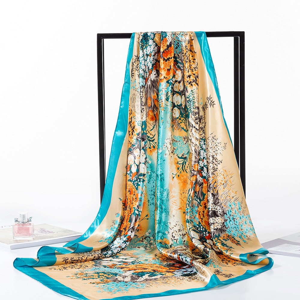 Hair Scarf for Women Floral Print Satin Shawl Silk Scarfs Female Neckerchief 90cmx90cm Square Shawls Scarves For Ladies