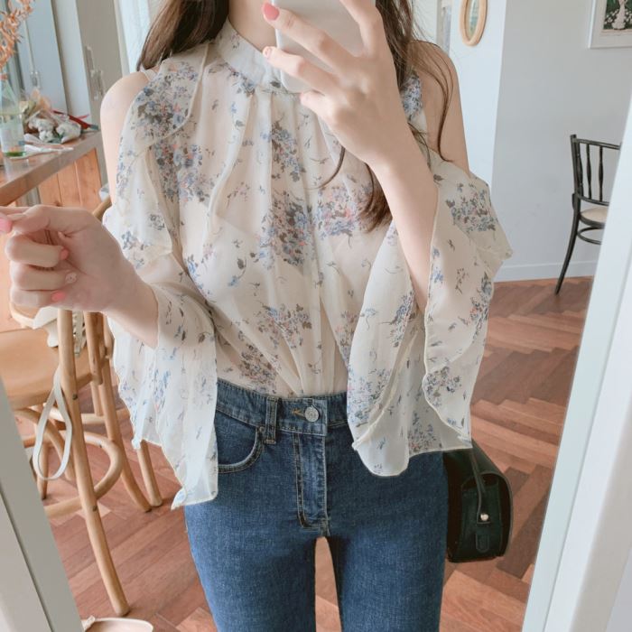 Off shoulder chica toppar utsvängda ärmar söta söta tjejer kvinnor flhjlwoc japansk korea stil blommig ihålig volang blus