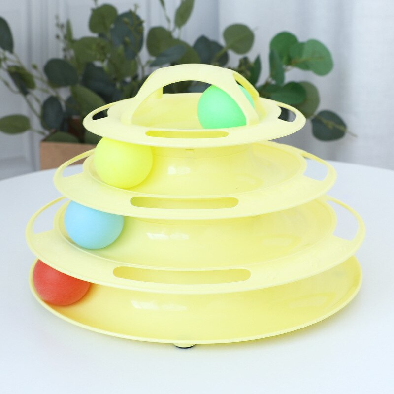 4 Levels Pet Cat Toy Training Amusement Plate Kitten Interacitve Tower Tracks Disc Cat Intelligence Amusement Triple Disc tumble: Yellow